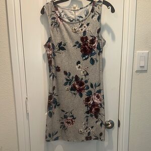 BeBop Gray Floral Dress with Red and blue/teal Accents